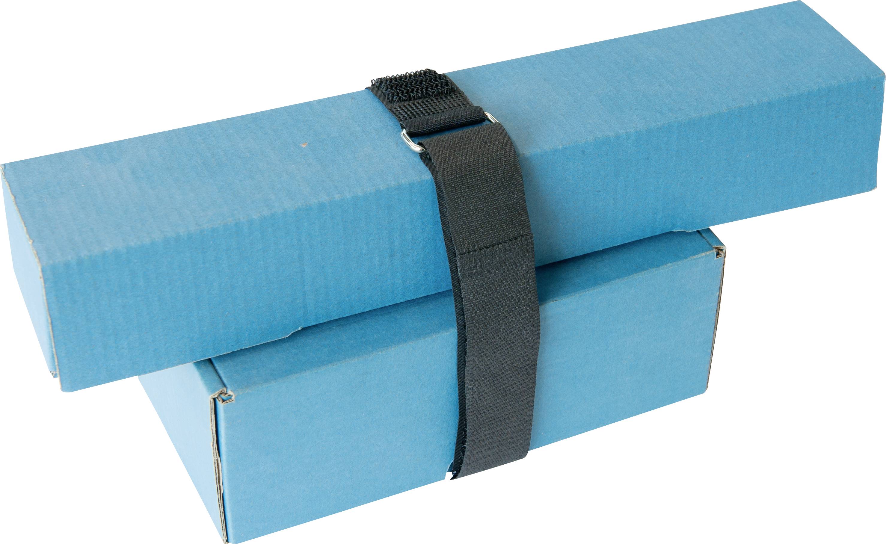 Dwa niebieskie prostokątne kartony są ułożone jeden na drugim i zabezpieczone czarną taśmą.