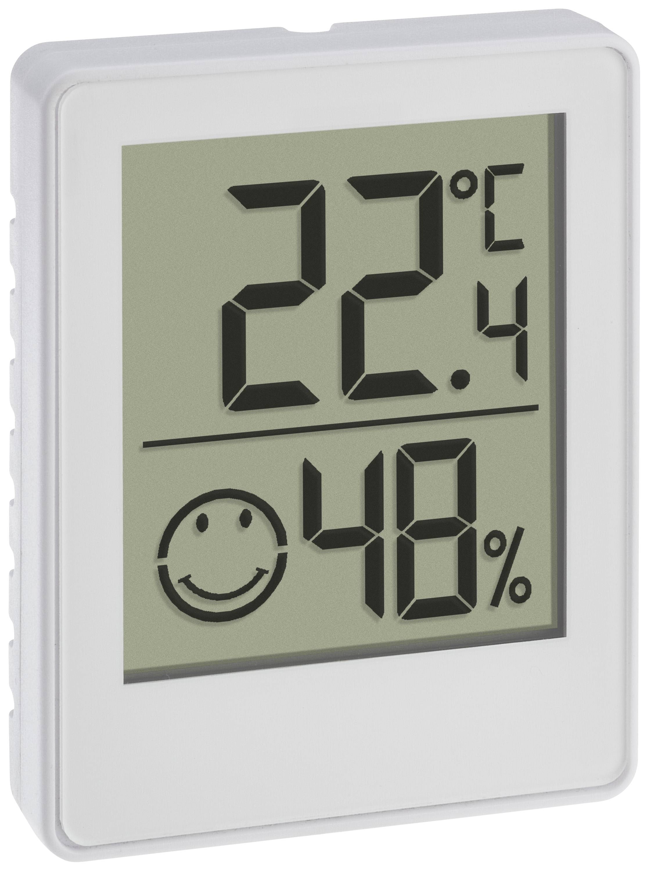 Cyfrowy termohigrometr pokazuje na górze 22,4 stopni Celsjusza, a na dole 48% wilgotności, z uśmiechniętą minką.