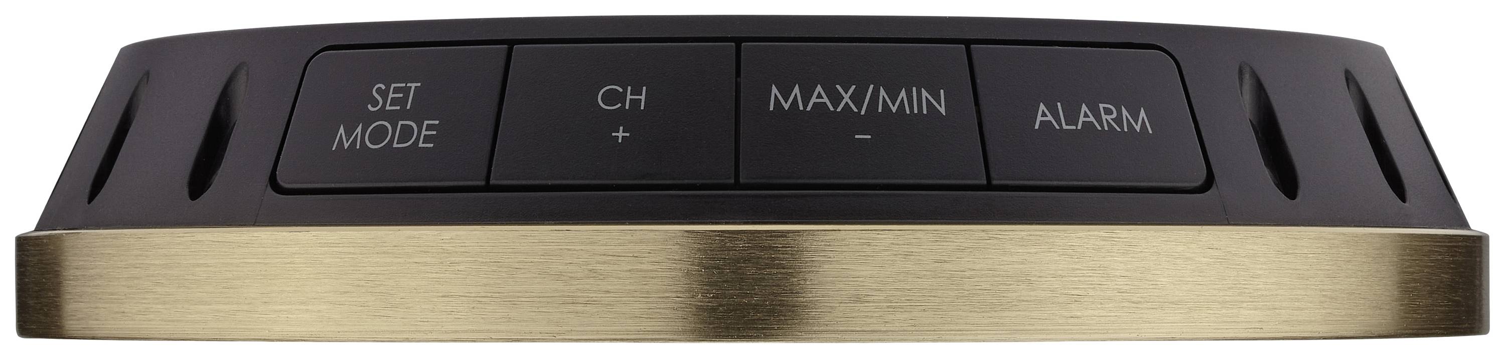 Urządzenie elektroniczne w kształcie koła z czterema przyciskami: 'Tryb ustawień', 'CH +', 'MAX/MIN -', 'Alarm'. Złota podstawa.