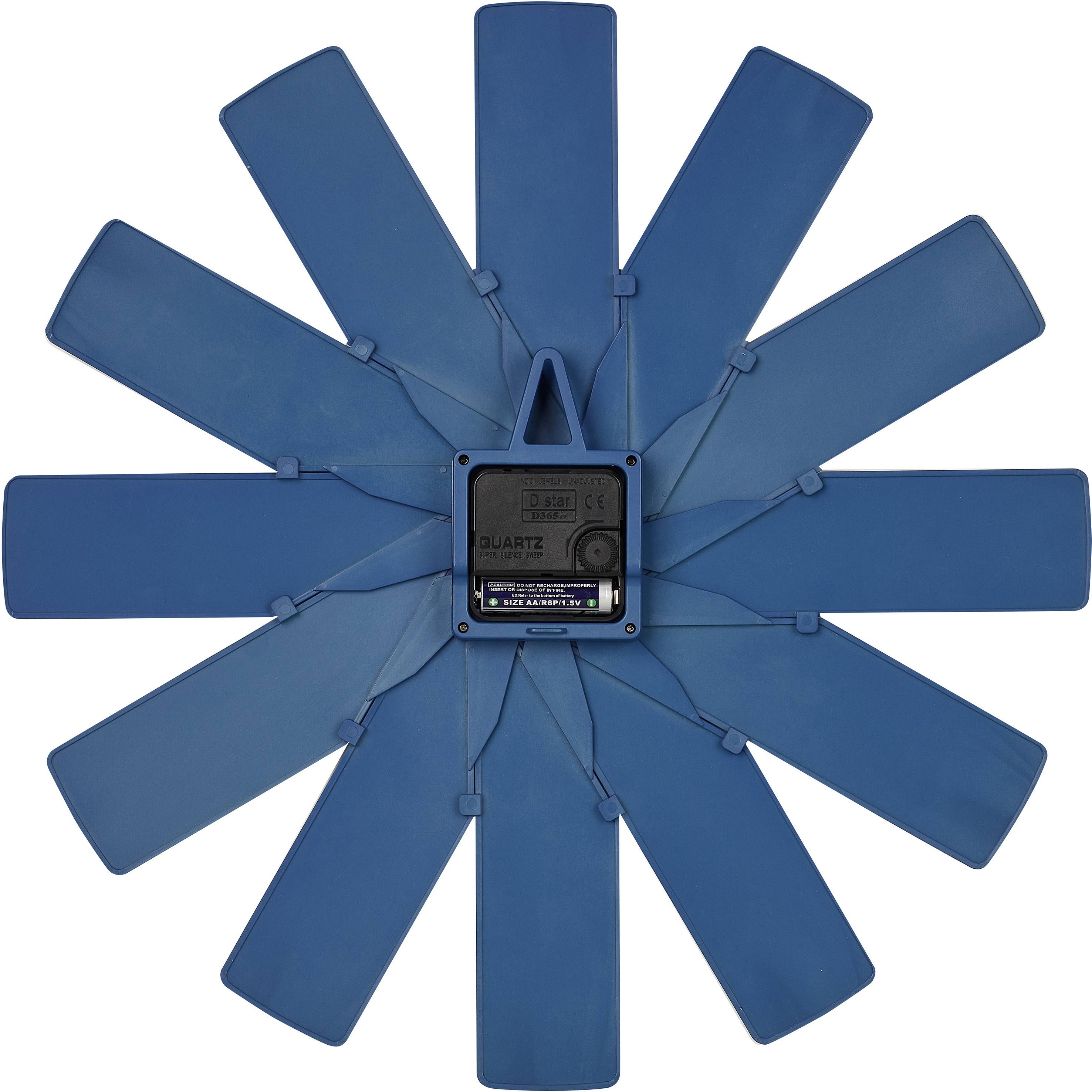 Niebieski mechanizm zegara ściennego z ośmioma skrzydłowatymi listkami rozchodzącymi się od centralnego elementu zegarka kwarowego.