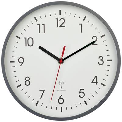 Analogowy zegar ścienny wskazuje godzinę 10:09; czarna tarcza, czerwona wskazówka sekundowa; prosty design.