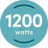 Okrągły, turkusowy krąg z białym napisem '1200 watów' pośrodku.