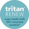 Niebieski okrąg z tekstem: 'kubki tritan RENEW wykonane w 50% z materiałów z recyklingu*'. Tekst w kole opisuje przyjazne środowisku kubki.