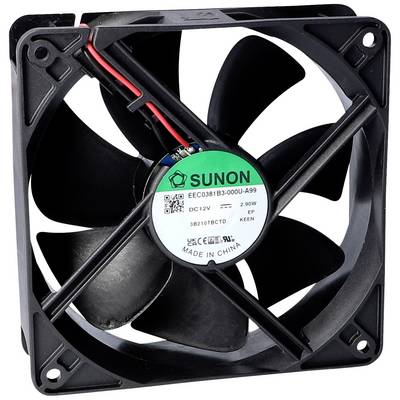 Czarny wentylator komputerowy z czterema łopatkami i etykietą firmy SUNON, model EECO381B3-000U-A99, prezentujący szczegóły techniczne.