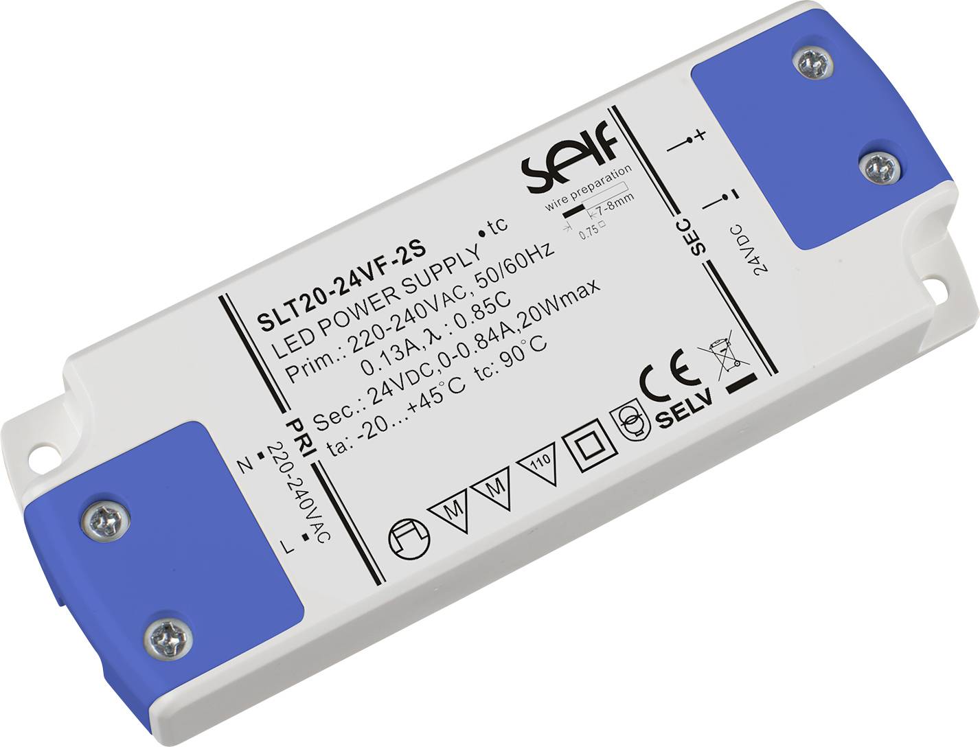 Світлодіодний трансформатор Self Electronics SLT20-24VF-2S постійної напруги 20 Вт 0,84 A 24 В, не регулюється яскравістю 1 шт.