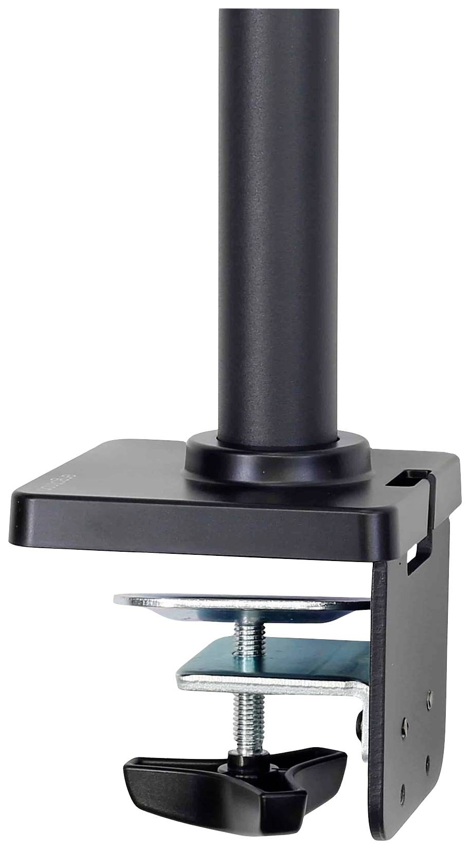 Czarny metalowy uchwyt zaciskowy do mocowania na stole. Posiada śrubowy zacisk zapewniający stabilne mocowanie.
