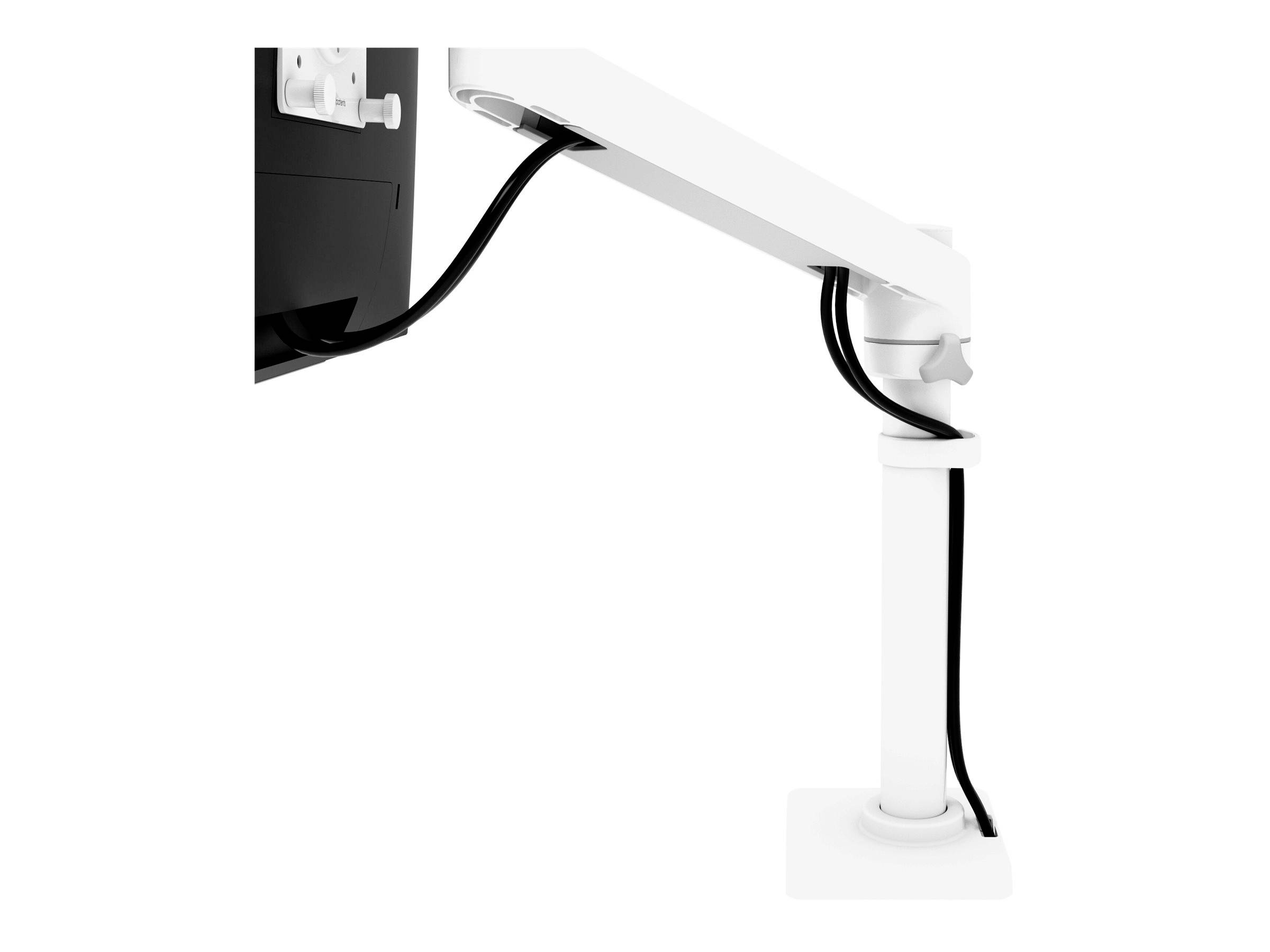 Biały, regulowany uchwyt monitora zamontowany na krawędzi biurka, podtrzymuje czarny ekran. Kable są prowadzone przez ramię uchwytu.