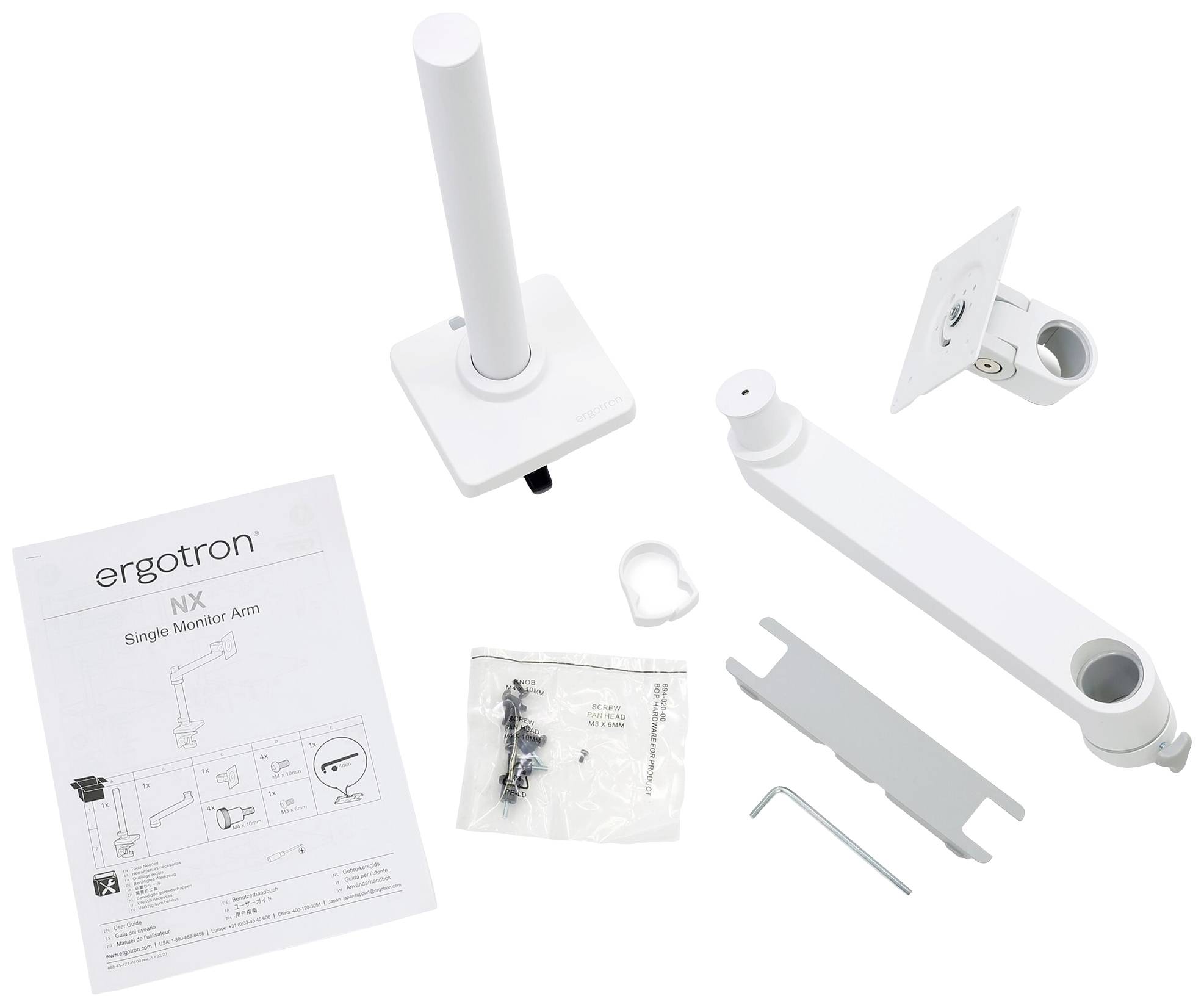 Zestaw ramienia monitora w kolorze białym, składający się ze stojaka, ramienia mocującego, śrub, klucza imbusowego i instrukcji montażu.
