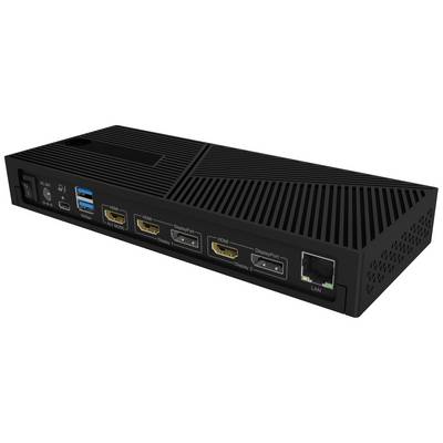 Czarna stacja dokująca z wieloma portami, w tym USB, HDMI, DisplayPort oraz złączem LAN.