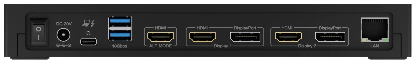 Tylna strona urządzenia z gniazdami: zasilanie, USB, HDMI, DisplayPort i LAN.