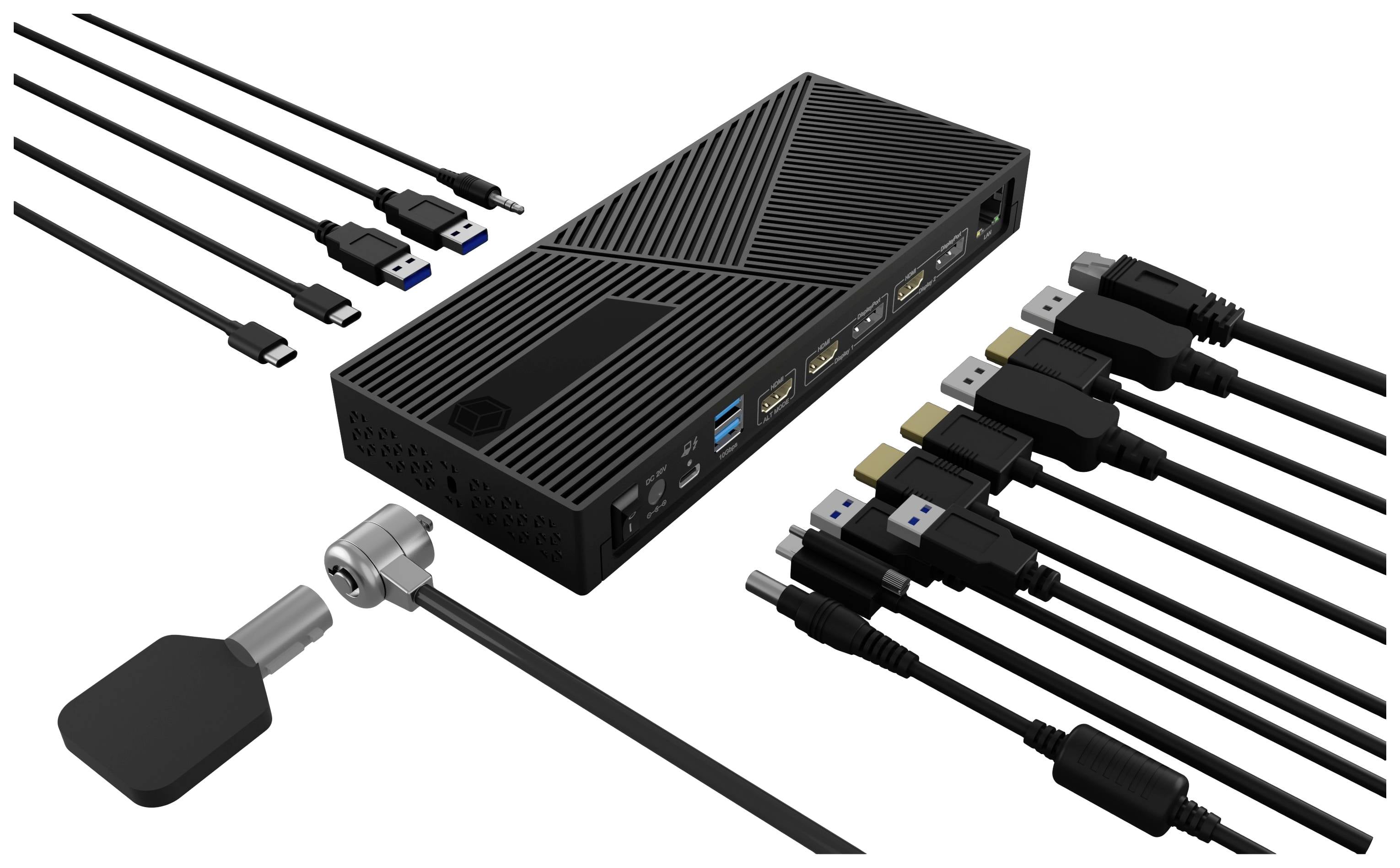 Czarna stacja dokująca z wieloma portami, w tym USB, HDMI i Ethernet, otoczona różnymi kablami połączeniowymi.