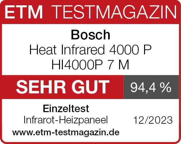 Znak testowy ETM Testmagazin wskazuje ocenę 'BARDZO DOBRY' z wynikiem 94,4% dla panelu grzewczego na podczerwień Bosch HI4000P w teście indywidualnym, wydanie 12/2023.