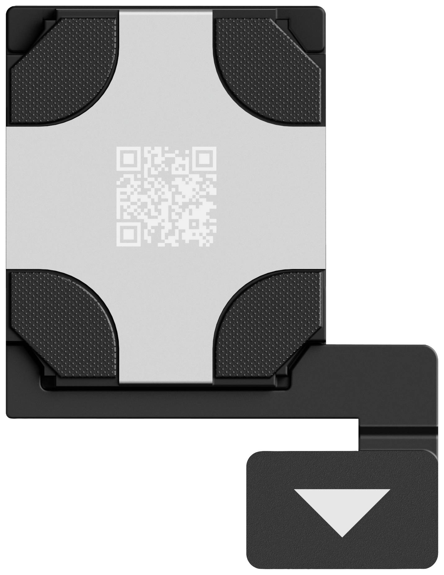 Metalowy kwadrat z czarną obwódką i kodem QR, przymocowany do prostokątnego plastikowego ramienia ze strzałką skierowaną w dół.