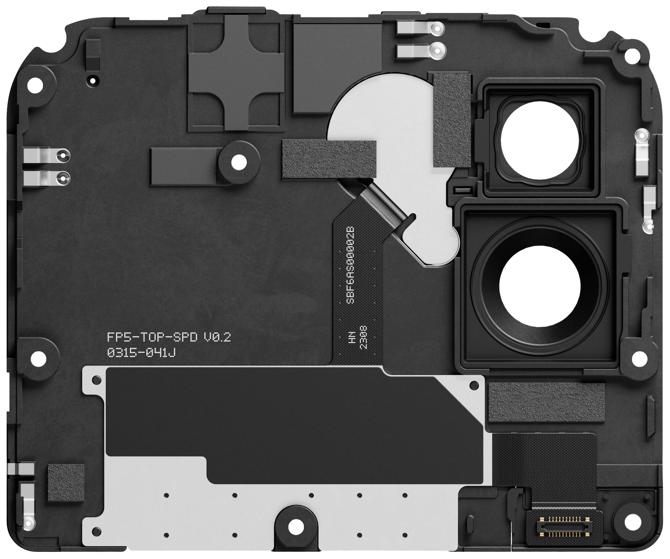 Komponent elektroniczny z kilkoma czarnymi, prostokątnymi i okrągłymi elementami, prawdopodobnie będący częścią urządzenia technicznego.