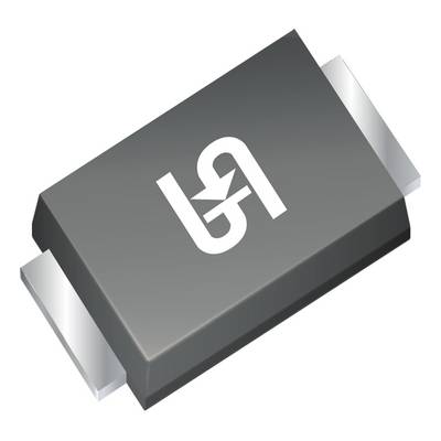 Czarny element elektroniczny w kształcie prostokąta z dwoma metalowymi stykami, z logo w postaci stylizowanej litery 'G', prawdopodobnie dioda lub półprzewodnik.