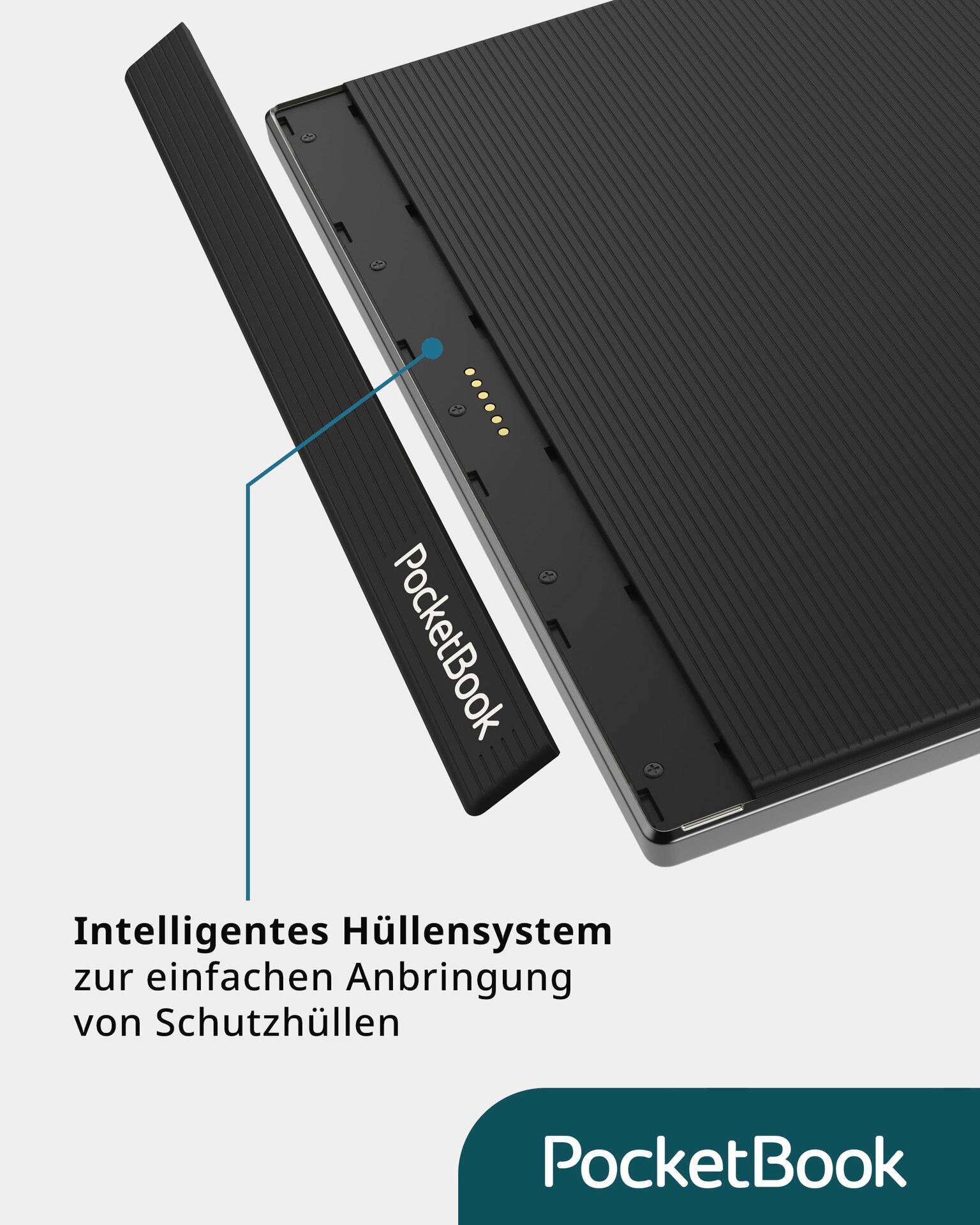 Inteligentny system etui PocketBook z łatwym mocowaniem, pokazany na urządzeniu, podkreślony opisowym strzałkiem.