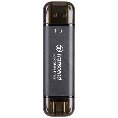 Pendrive o pojemności 1 TB, oznaczony jako 'Transcend Solid State Drive'. Czarna obudowa z zaślepkami na obu końcach.