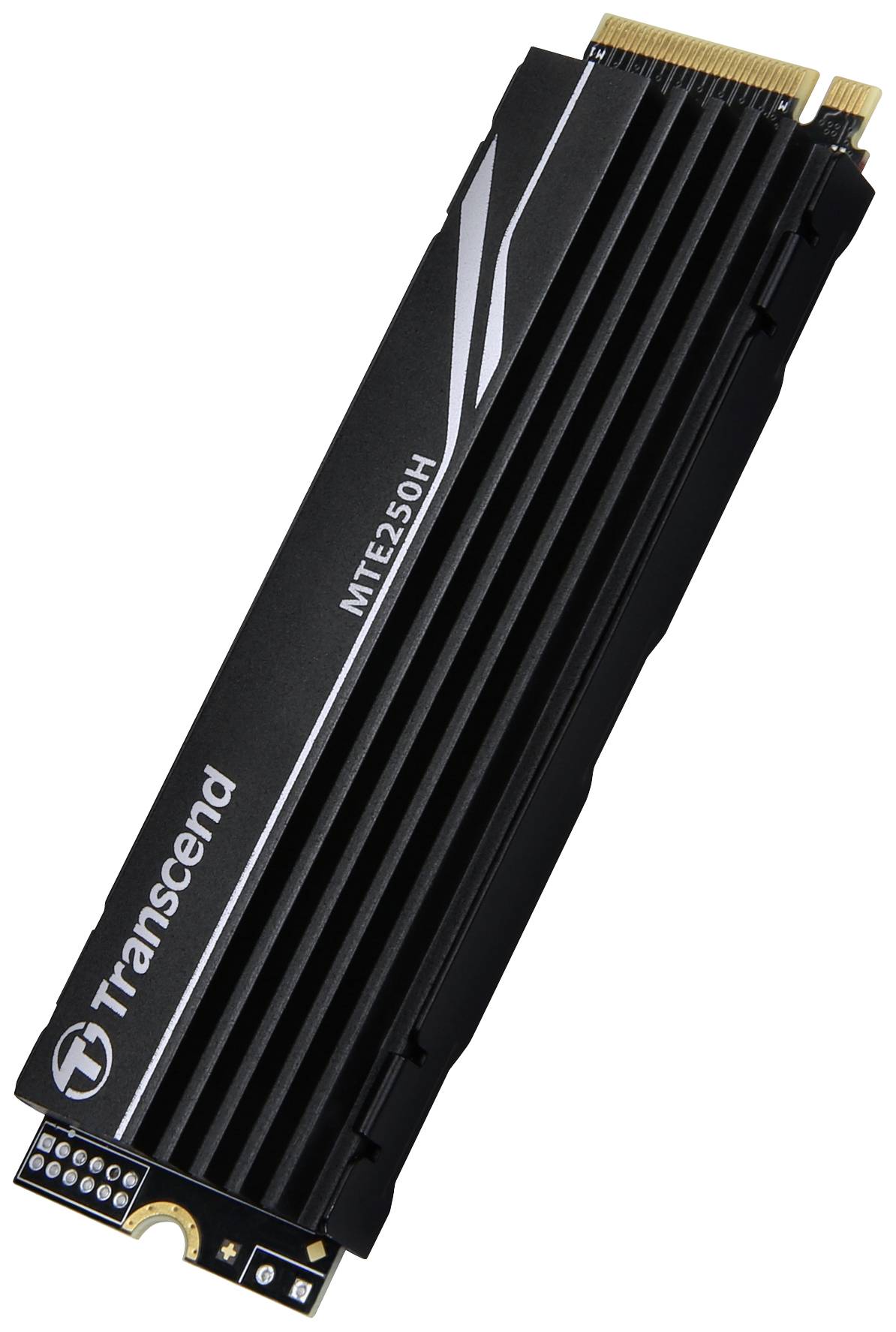 Czarny dysk SSD Transcend PCIe MTE250H z radiatorem, przeznaczony do szybkich transferów danych i niezawodnych rozwiązań pamięciowych.