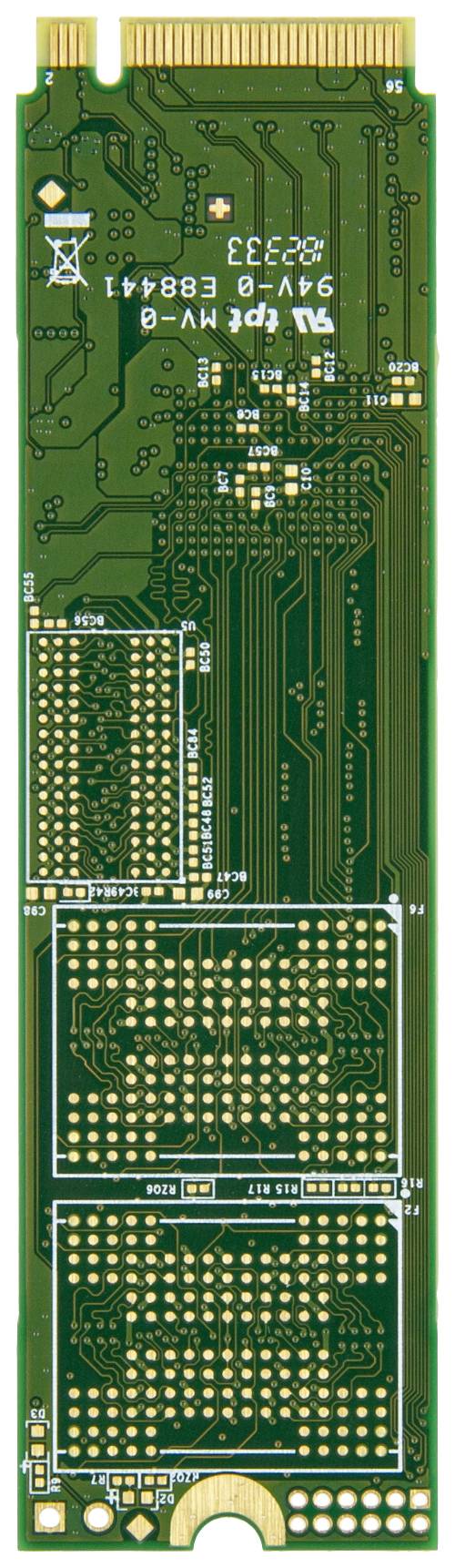Karta pamięci NVMe SSD w zielonym projekcie PCB, prezentująca styki i komponenty elektroniczne na powierzchni.