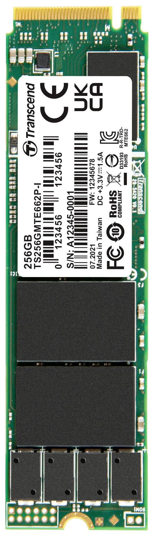 Dysk SSD M.2 z logo Transcend, o pojemności 256 GB, z różnymi znakami certyfikacji i informacjami technicznymi na etykiecie.