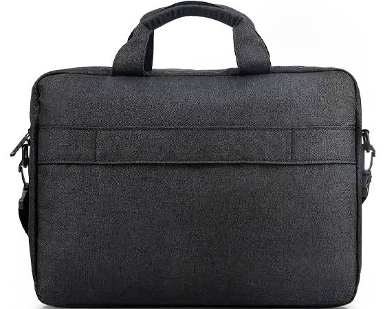 Czarna torba na laptopa z dwoma uchwytami i regulowanym paskiem na ramię, o minimalistycznym designie bez widocznych logo lub ozdobnych przeszyć.