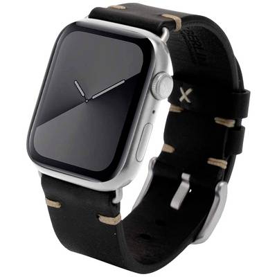 Smartwatch z czarnym skórzanym paskiem i srebrną kopertą, wyświetlająca czas analogowy bez widocznych logo marki.