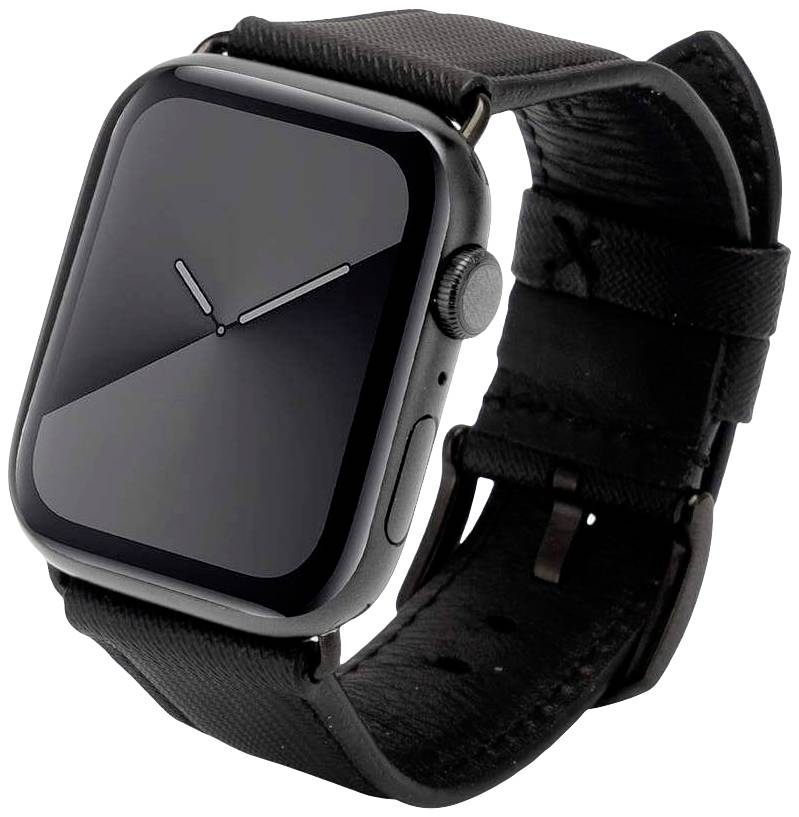 Czarny smartwatch z prostokątną tarczą i skórzanym paskiem, wyświetlający analogowe wskazówki na czarnym tle.