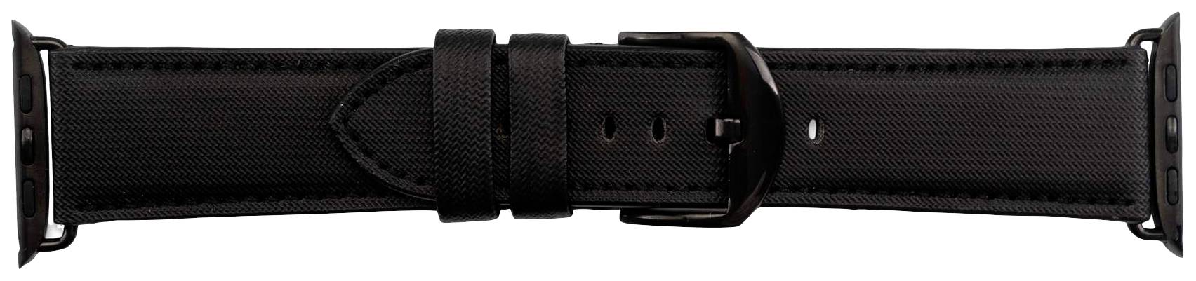 Czarny skórzany pasek do zegarka z metalową klamrą, na białym tle.