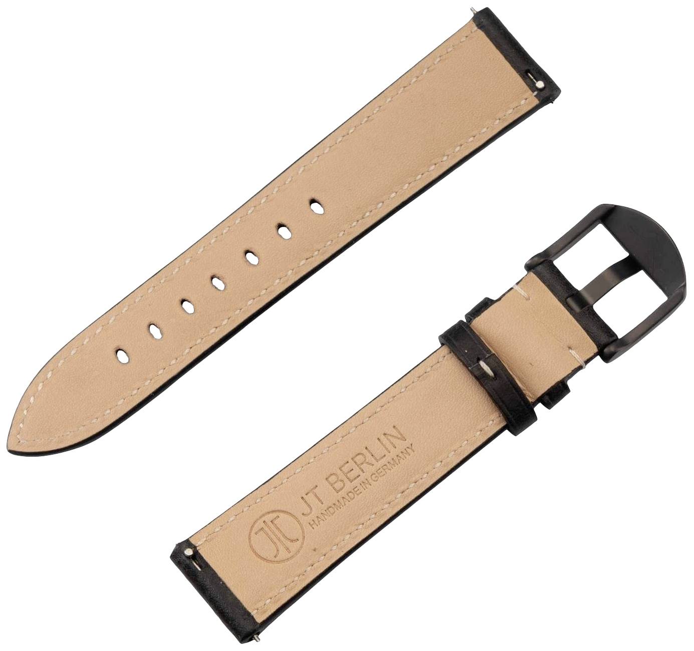 Dwie brązowe opaski do zegarka z czarnymi klamrami, jedna dłuższa z dziurkami, druga krótsza z zapięciem; obie skórzane.