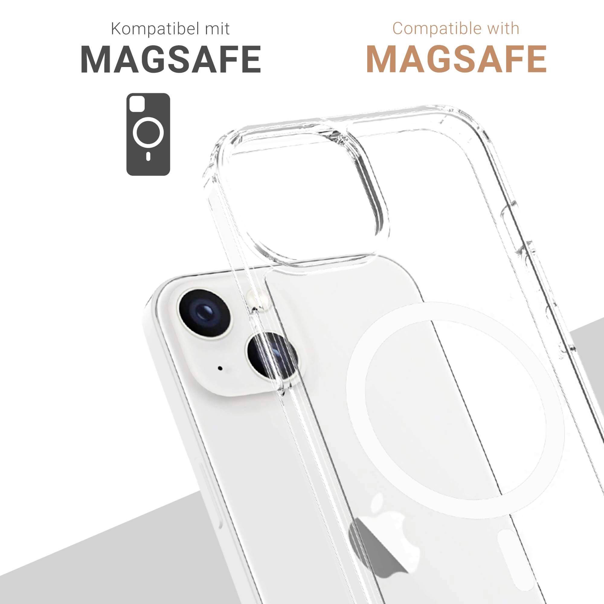 Przezroczyste etui na telefon z funkcją MagSafe, kompatybilne z iPhone. Posiada wbudowany pierścień magnetyczny wspierający akcesoria MagSafe.