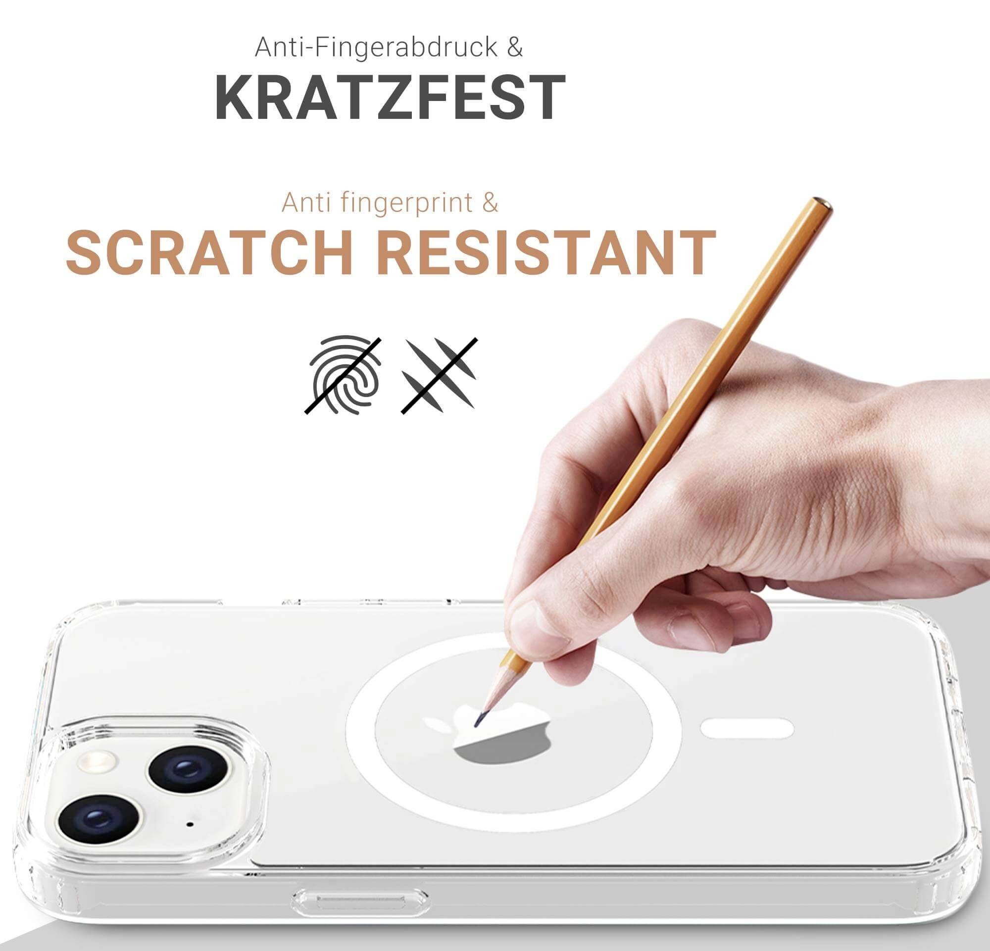 Przezroczyste etui na telefon z rysikiem, prezentujące odporność na zarysowania oraz właściwości antyodciskowe za pomocą symboli.