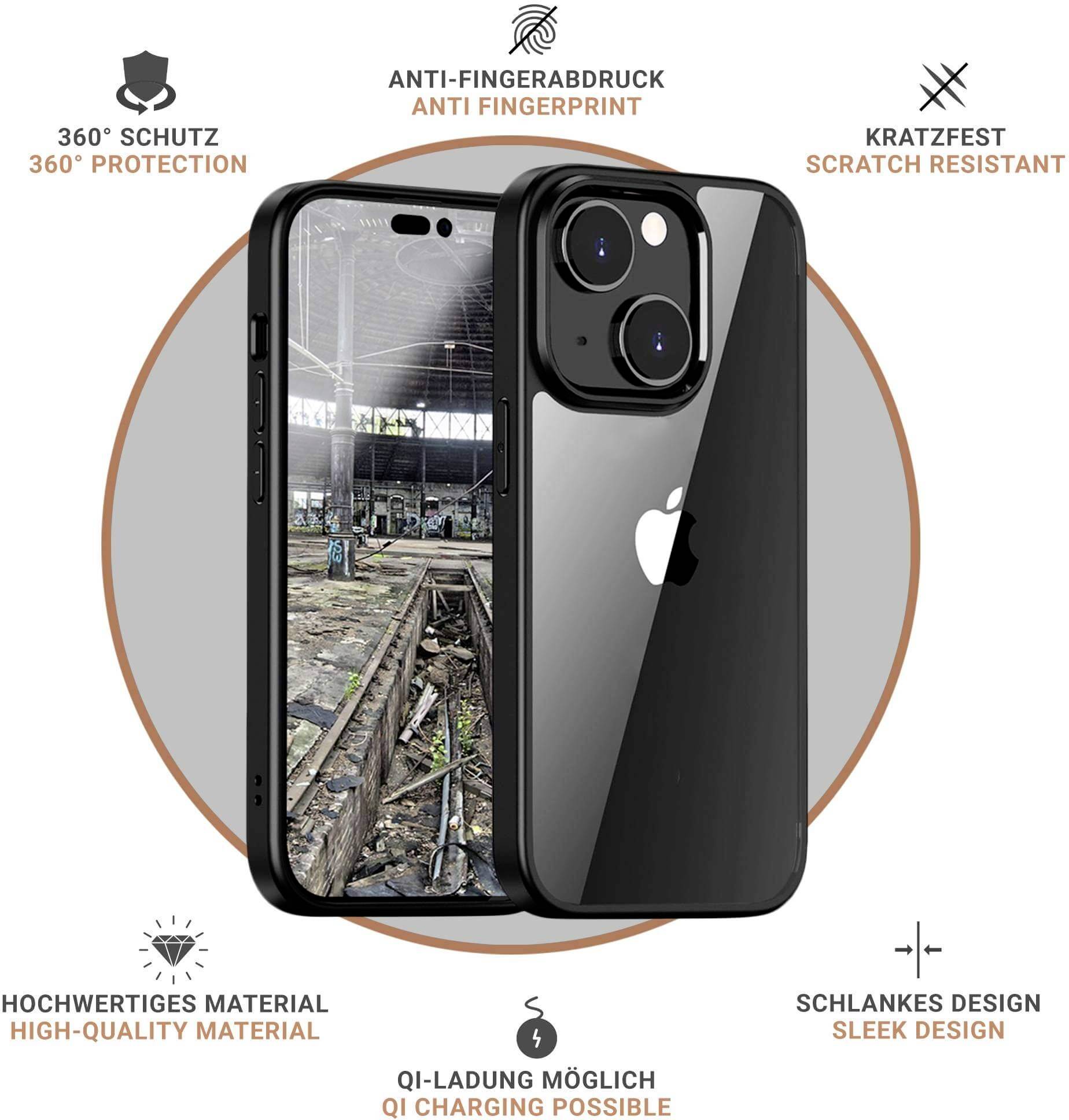 Czarny smartfon w etui wyświetlający zdjęcia ruin przemysłowych. Opisy: '360° ochrony', 'Odporny na odciski palców', 'Odporny na zarysowania', 'Smukła konstrukcja', 'Wysokiej jakości materiał', 'Ładowanie bezprzewodowe QI możliwe'.