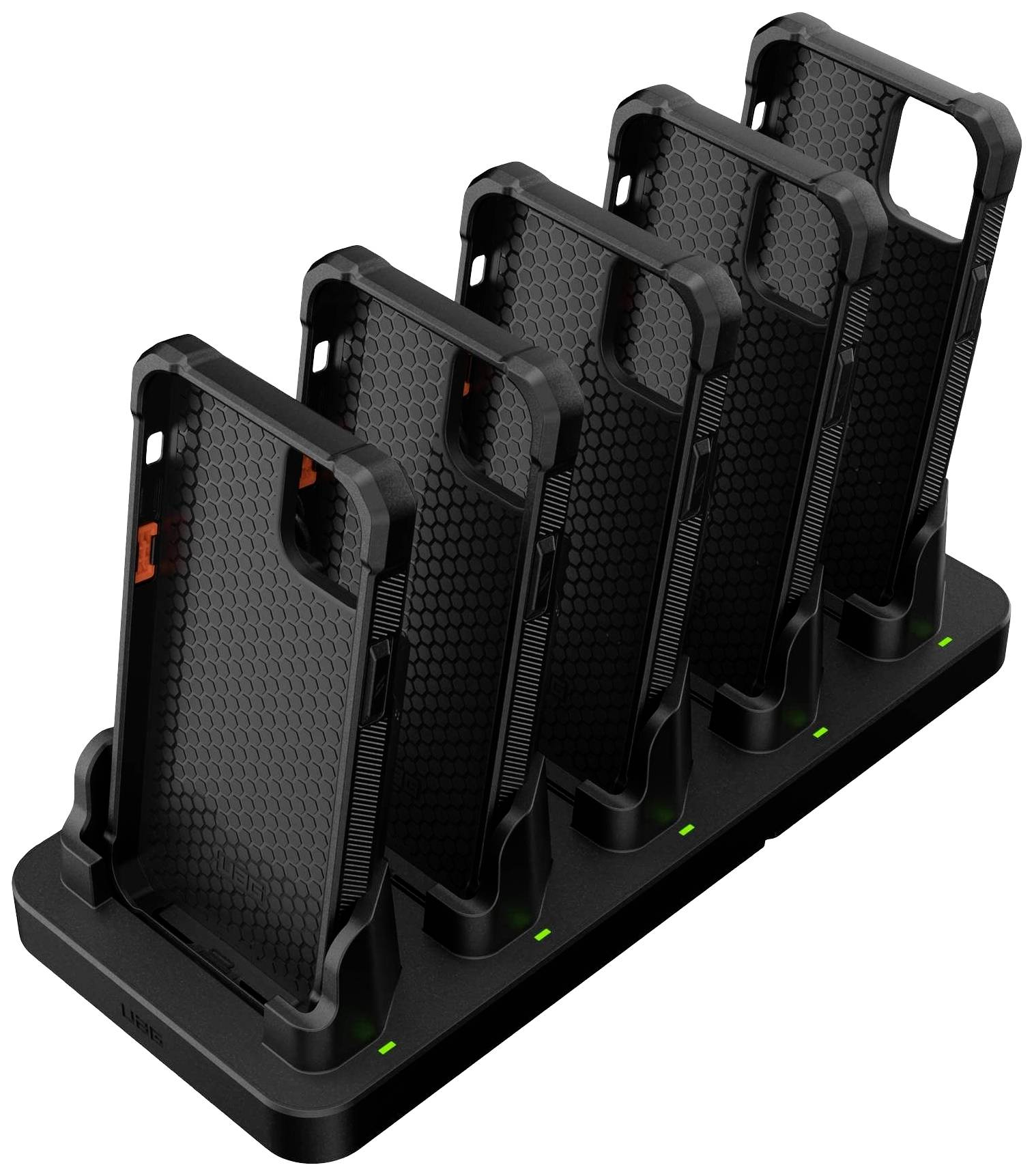 Pięć czarnych etui do telefonów komórkowych stoi w uporządkowanym rzędzie na stacji ładowania lub w miejscu przechowywania.