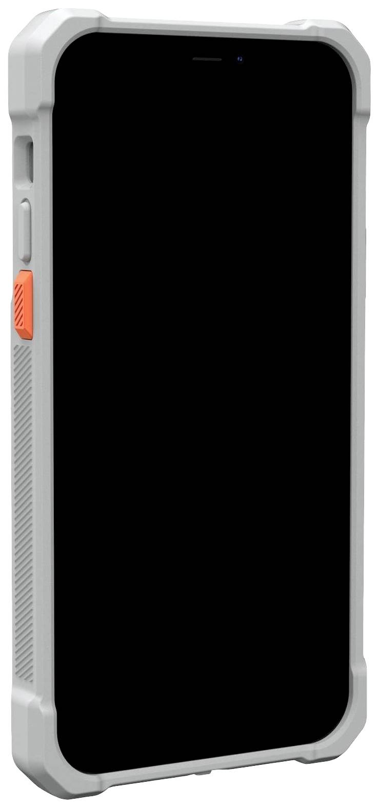 Smartfon z wytrzymałą, odporną na wstrząsy białą obudową i pomarańczowym przyciskiem, stojący pionowo, ekran wyłączony.