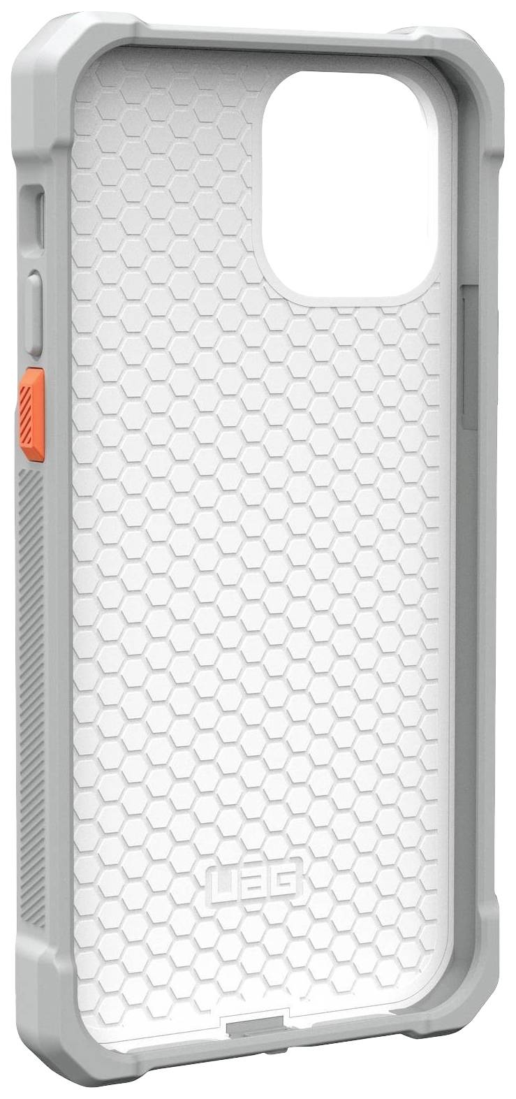 Etui ochronne do smartfona w kolorze szaro-białym z wzorem przypominającym plaster miodu, z wzmocnionymi narożnikami oraz wycięciami na aparat i przyciski.