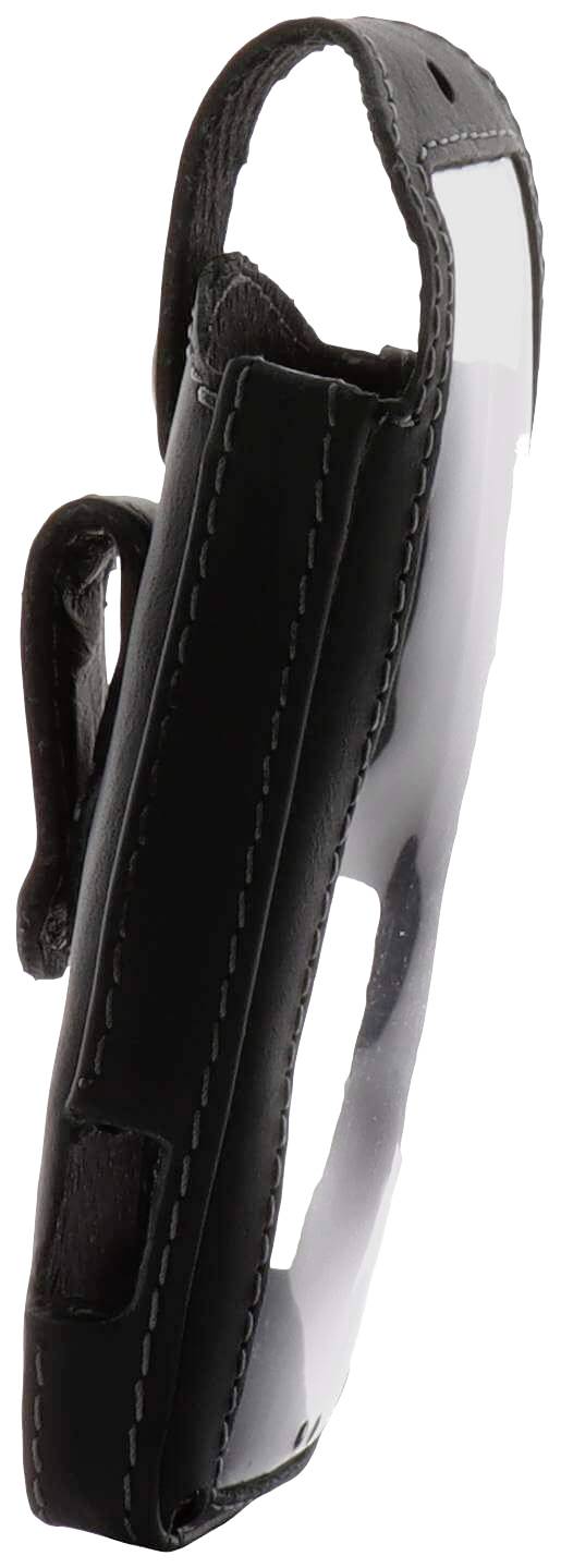 Czarna torba skórzana z przezroczystym okienkiem z tworzywa sztucznego, odpowiednia dla urządzeń przenośnych, widok z boku z widocznym szwem.