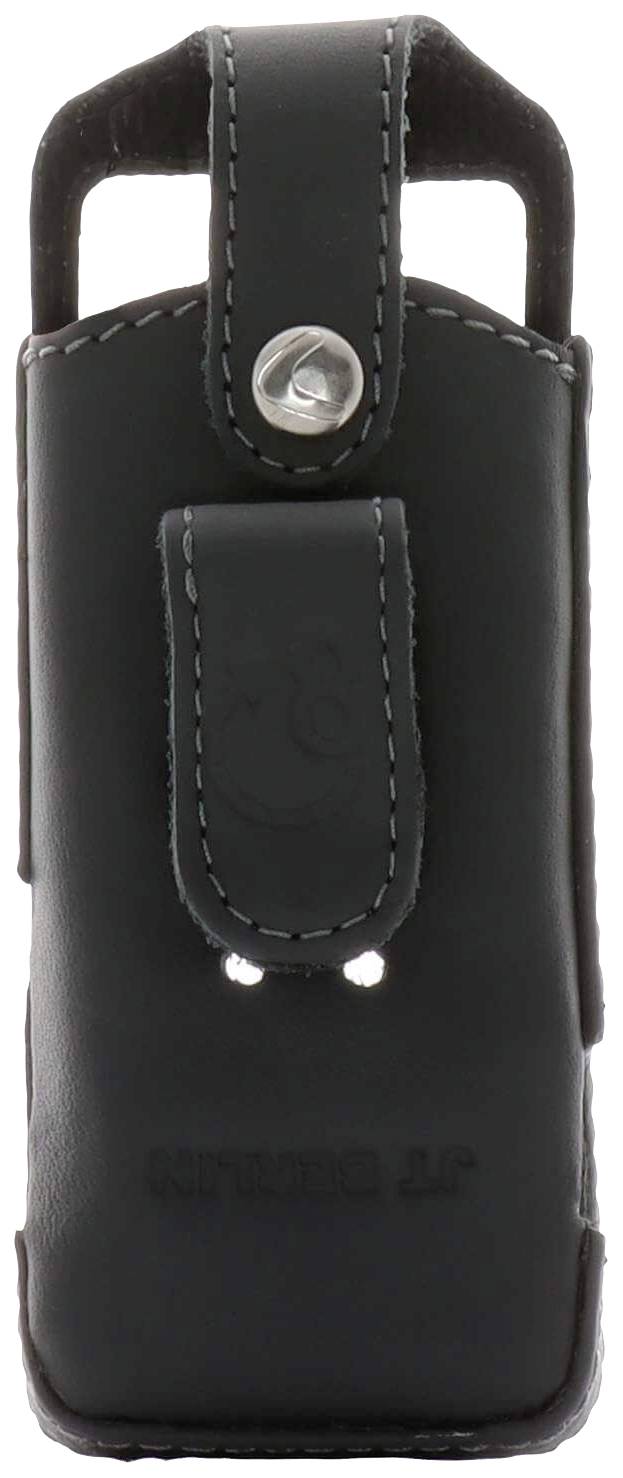 Czarna, skórzana osłona ochronna z zapięciem zatrzaskowym i pętlą na pasek, zaprojektowana do przenośnych urządzeń.