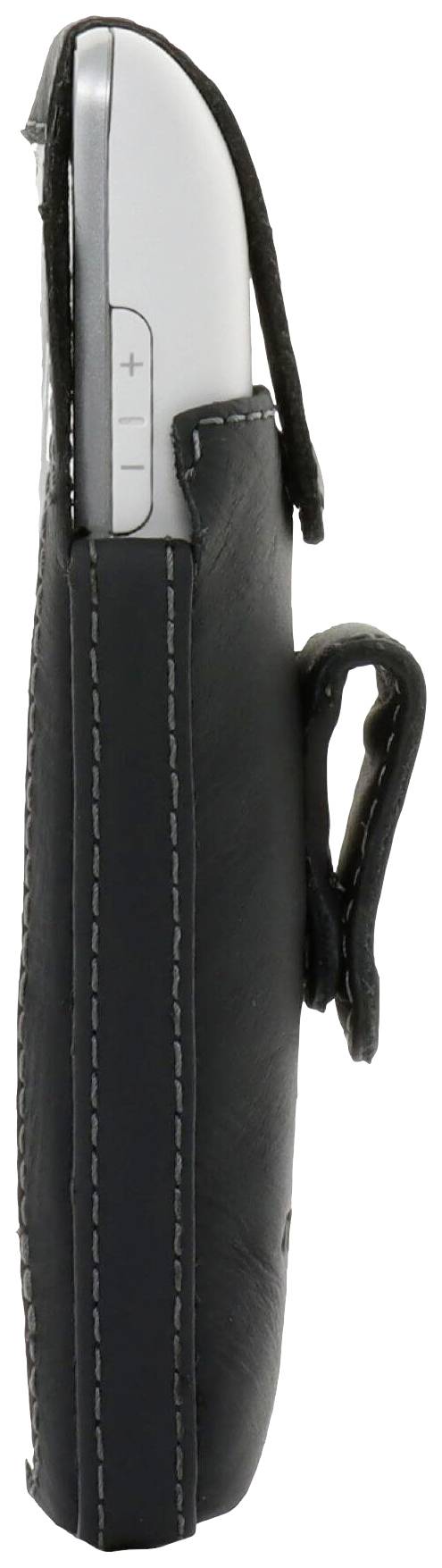 Telefon w czarnej skórzanej torbie z widokiem na boczne regulatory głośności. Jest ściśle dopasowany i zapewnia ochronę.