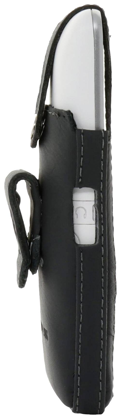 Czarna, ręcznie szyta torba skórzana na urządzenie, widziana z boku. Urządzenie jest częściowo widoczne i prezentuje dwa białe przyciski.