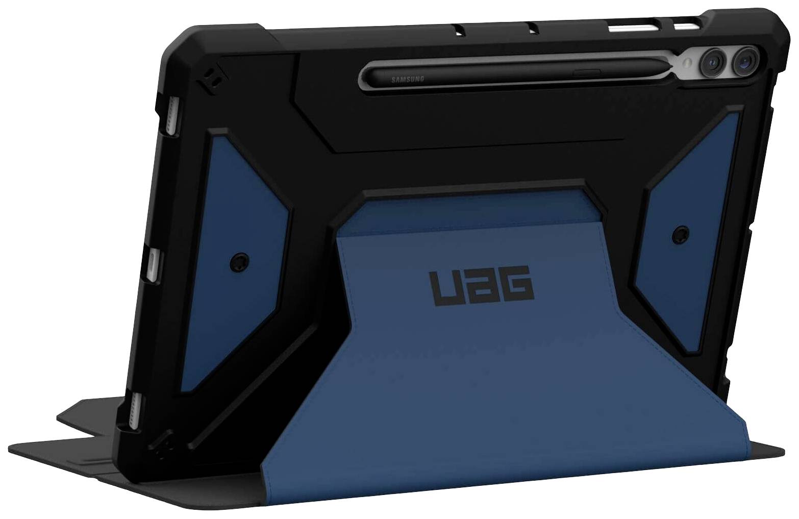 Etui do tabletu w kolorze niebieskim i czarnym z wzmocnionymi narożnikami, stojące pionowo.