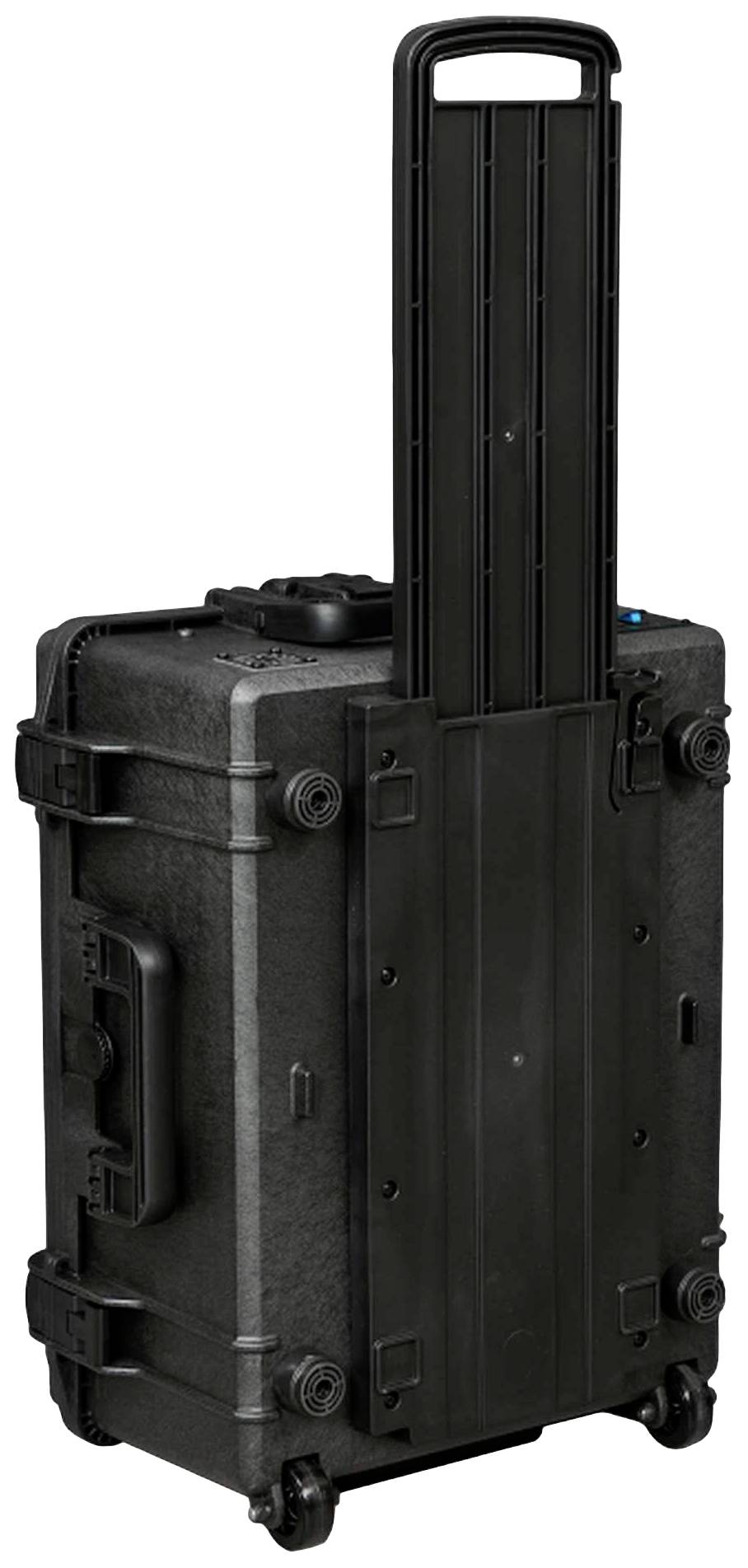 Czarny, prostokątny walizka na kółkach z wysuwaną rączką, przeznaczona do transportu i przechowywania delikatnych przedmiotów.