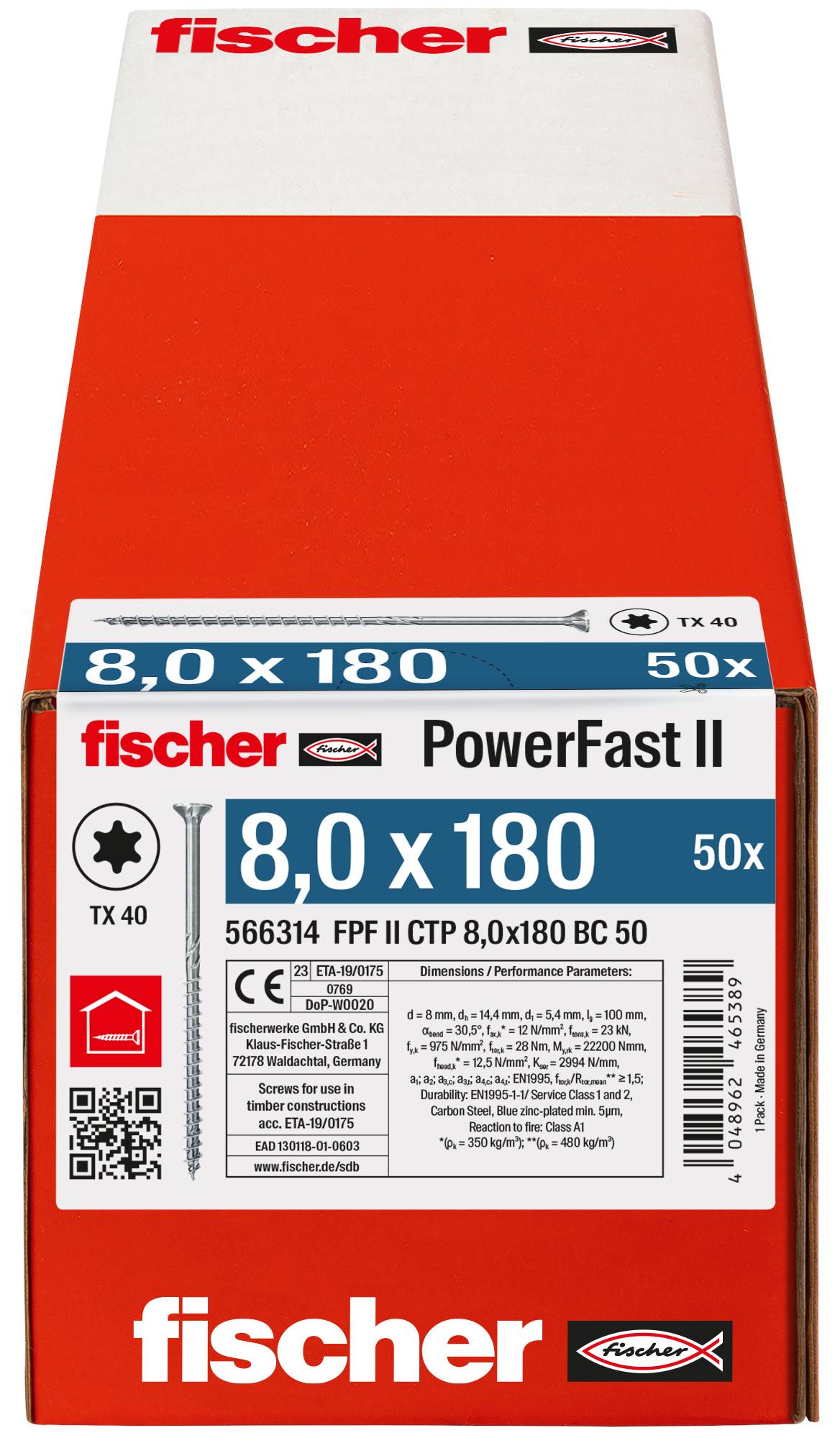 Czerwone i białe pudełko Fischer PowerFast II do śrub 8,0 x 180, opakowanie 50 sztuk, z etykietą produktu i kodem kreskowym na przedniej stronie.