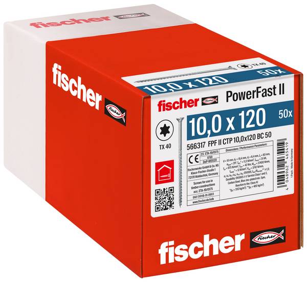 Fischer 566317 PowerFast II Wkręt do drewna z łbem stożkowym 10 mm 120 mm Wewnętrzna ząbkowana    stal cynkowany galwanicznie 50 szt.