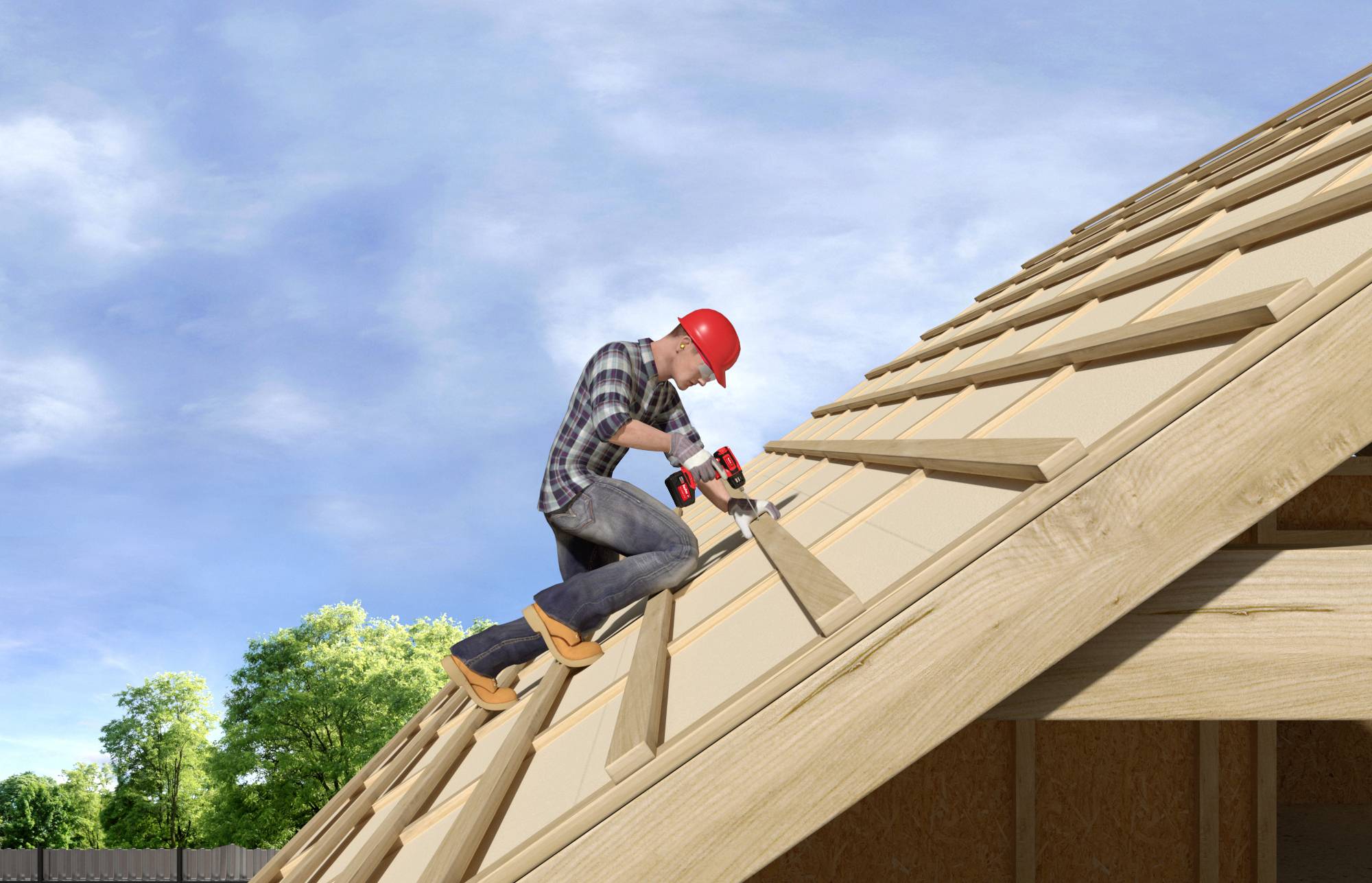 Robotnik w kasku ochronnym i z narzędziem wiertniczym montuje drewniane panele na stromym dachu. W tle widać błękitne niebo i zielone drzewa.