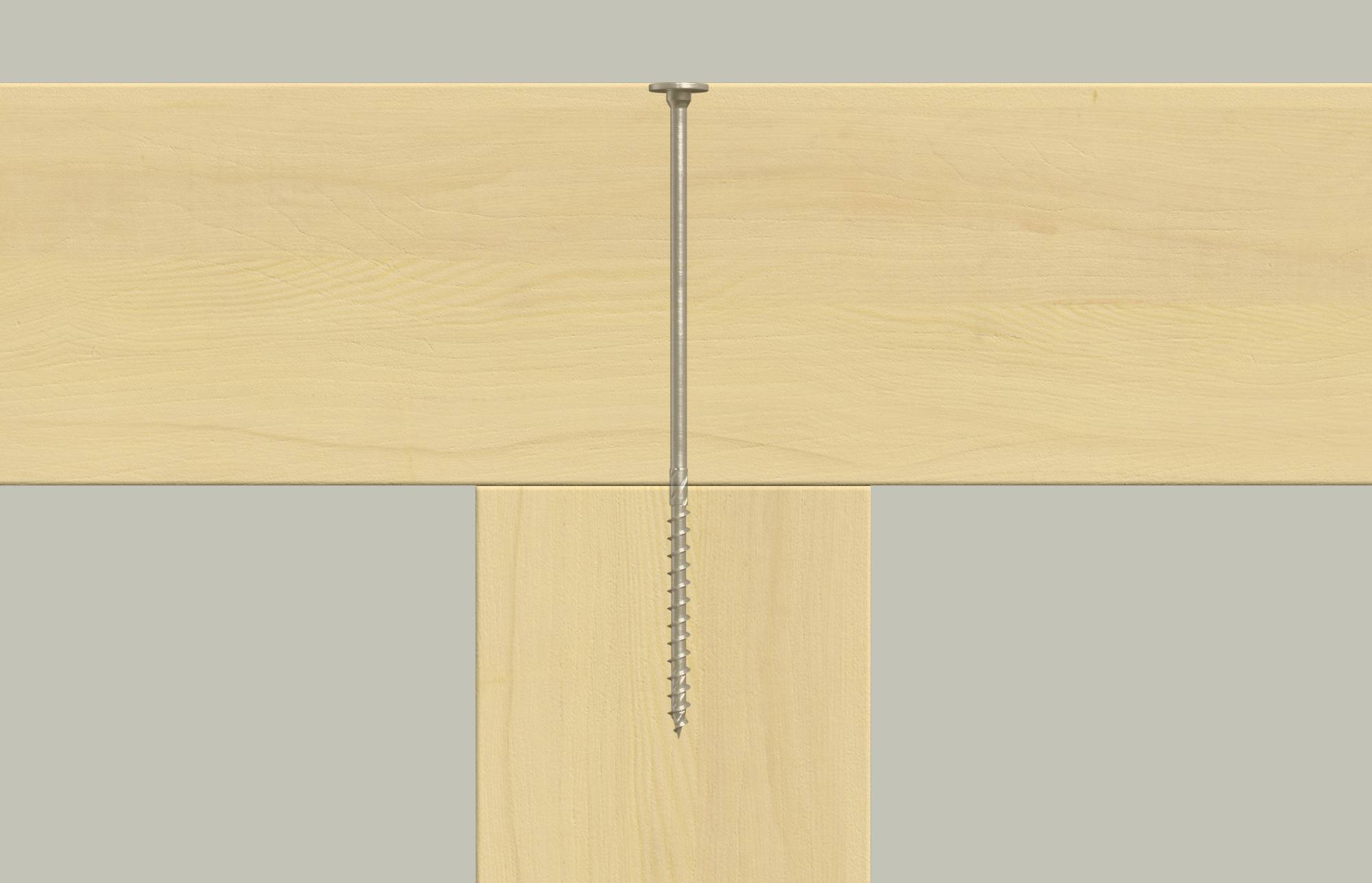 Połączenie drewniane za pomocą długiej śruby przechodzącej przez dwa drewniane belki. Śruba jest umieszczona centralnie i solidnie łączy belki ze sobą.