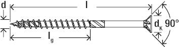Diagram śruby z wymiarami: 'd' dla średnicy, 'l' dla długości, 'lg' dla długości gwintu, 'dk' dla średnicy główki przy 90°.