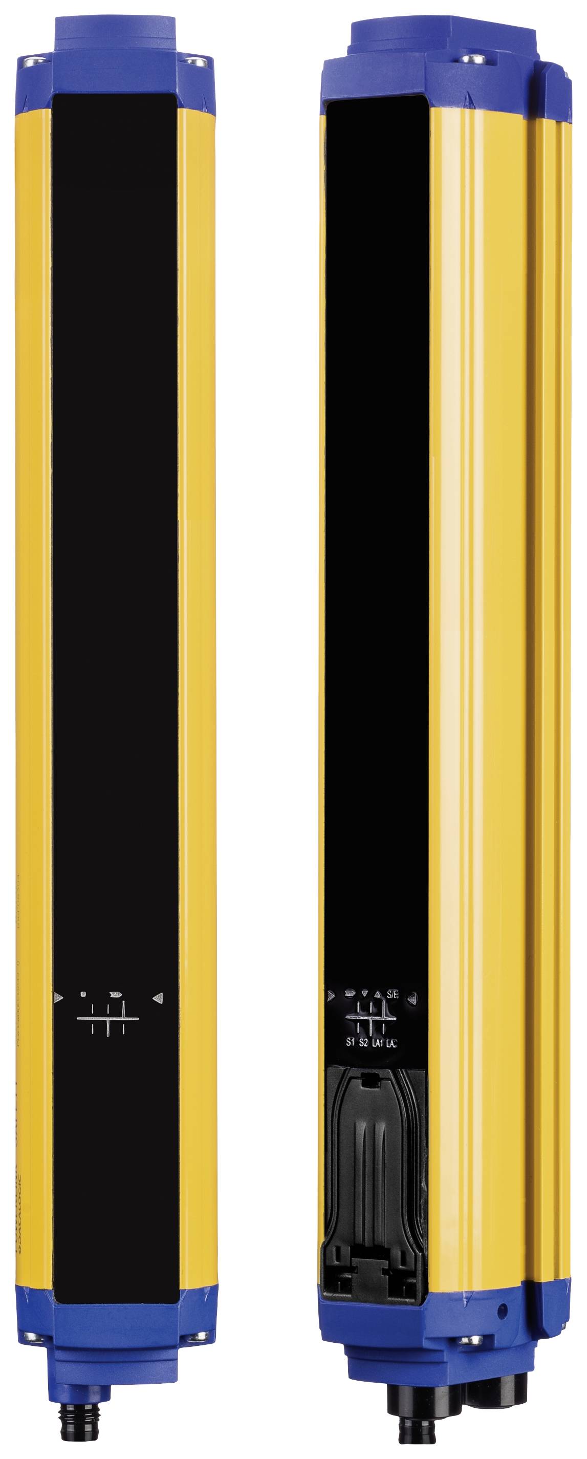 Dwa pionowe przemysłowe czujniki bezpieczeństwa w żółtych obudowach z niebieskimi nasadkami, stosowane do monitorowania maszyn.