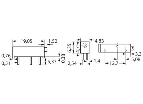 Elektroniczny element składowy z wymiarami obudowy i rozmieszczeniem pinów. Wymiary: długość 19,05 mm, szerokość 4,83 mm, wysokość 6,35 mm. Podane rozstawy pinów.