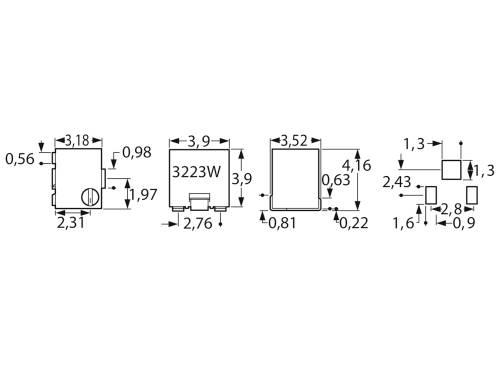 Rysunek techniczny elementu elektronicznego ze szczegółowymi wymiarami w milimetrach. Przedstawiono widok z góry, widok z boku oraz widok podstawy.