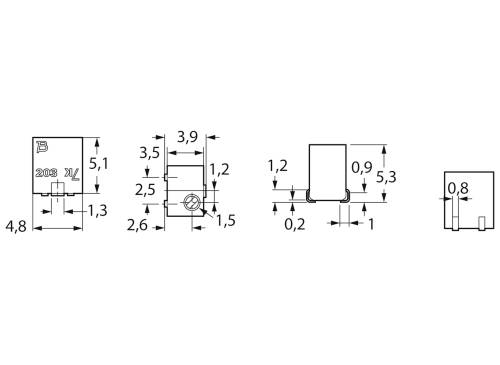 Diagram elektronicznego elementu z wymiarami w milimetrach. Widok z przodu, boku i od dołu. Wysokość 4,8 mm, szerokość 4,8 mm.